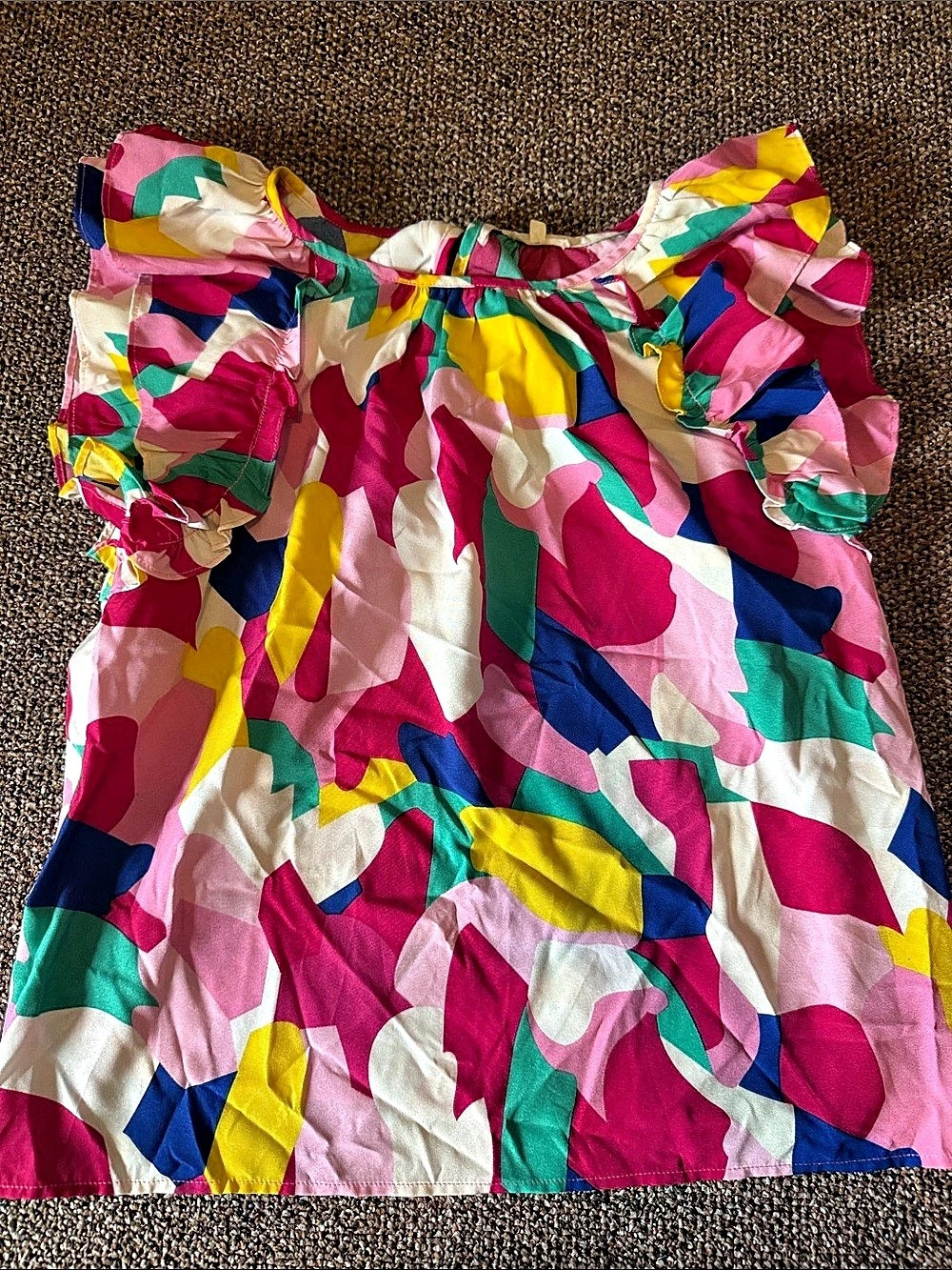 JODIFL Ruffle Sleeve Top Abstract Blouse Pink & Multicolor Small